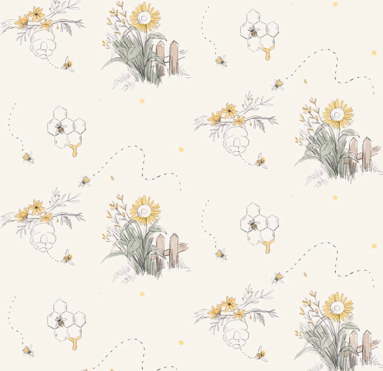 Blossom Bee muslin print — hand-drawn bees, florals, and honeycomb in warm earthy tones
