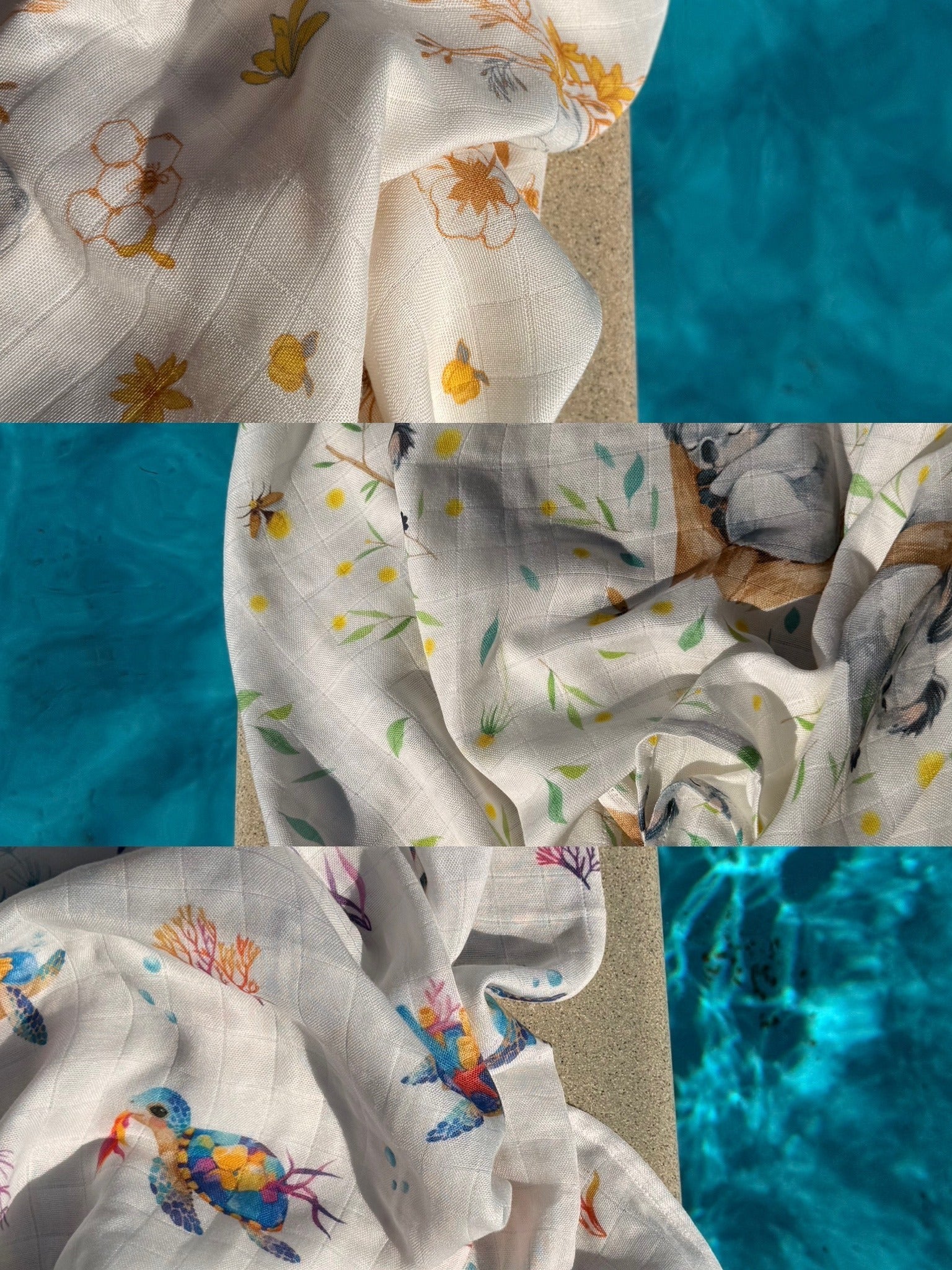 The Gift Set - all three Ari Baby muslin blanket prints (Blossom Bee, Koala Kuddle and Tropic Turtle) draped poolside